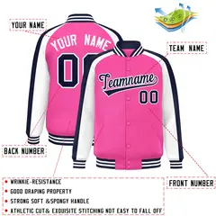 Pink White Raglan Color Block Varsity Full-Snap Letterman Jacket 2