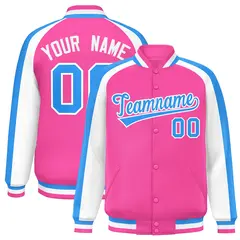 Pink White Raglan Color Block Varsity Full-Snap Letterman Jacket 1