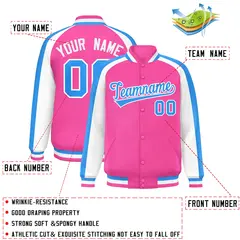 Pink White Raglan Color Block Varsity Full-Snap Letterman Jacket 2