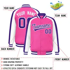 Pink White Raglan Color Block Varsity Full-Snap Letterman Jacket 2