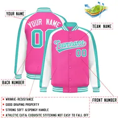 Pink White Raglan Color Block Varsity Full-Snap Letterman Jacket 2