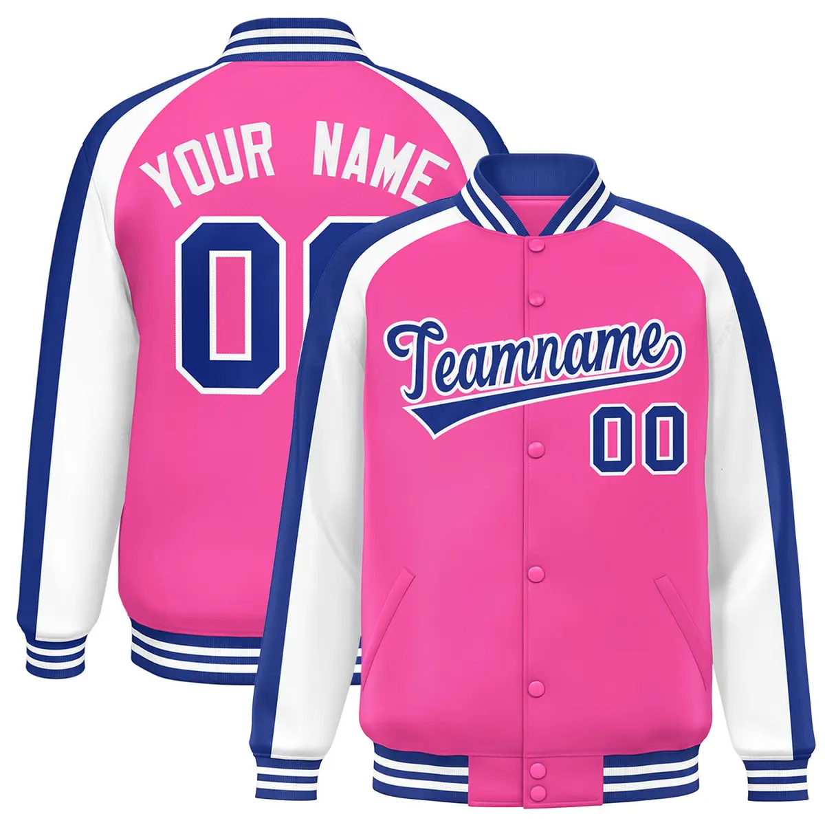 Pink White Raglan Color Block Varsity Full-Snap Letterman Jacket