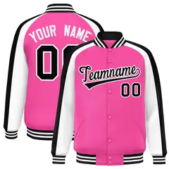 Pink White Raglan Color Block Varsity Full-Snap Letterman Jacket 1