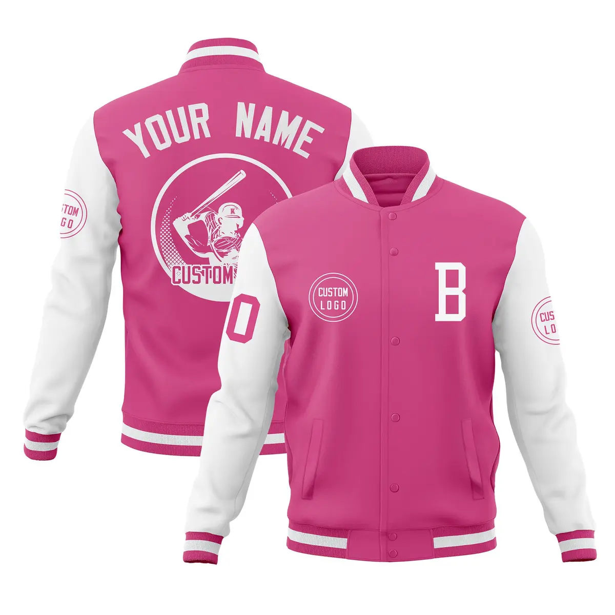 Pink White Raglan Full-Snap Varsity Letterman Baseball Jacket