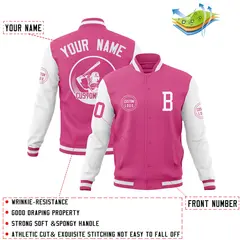 Pink White Raglan Full-Snap Varsity Letterman Baseball Jacket 4