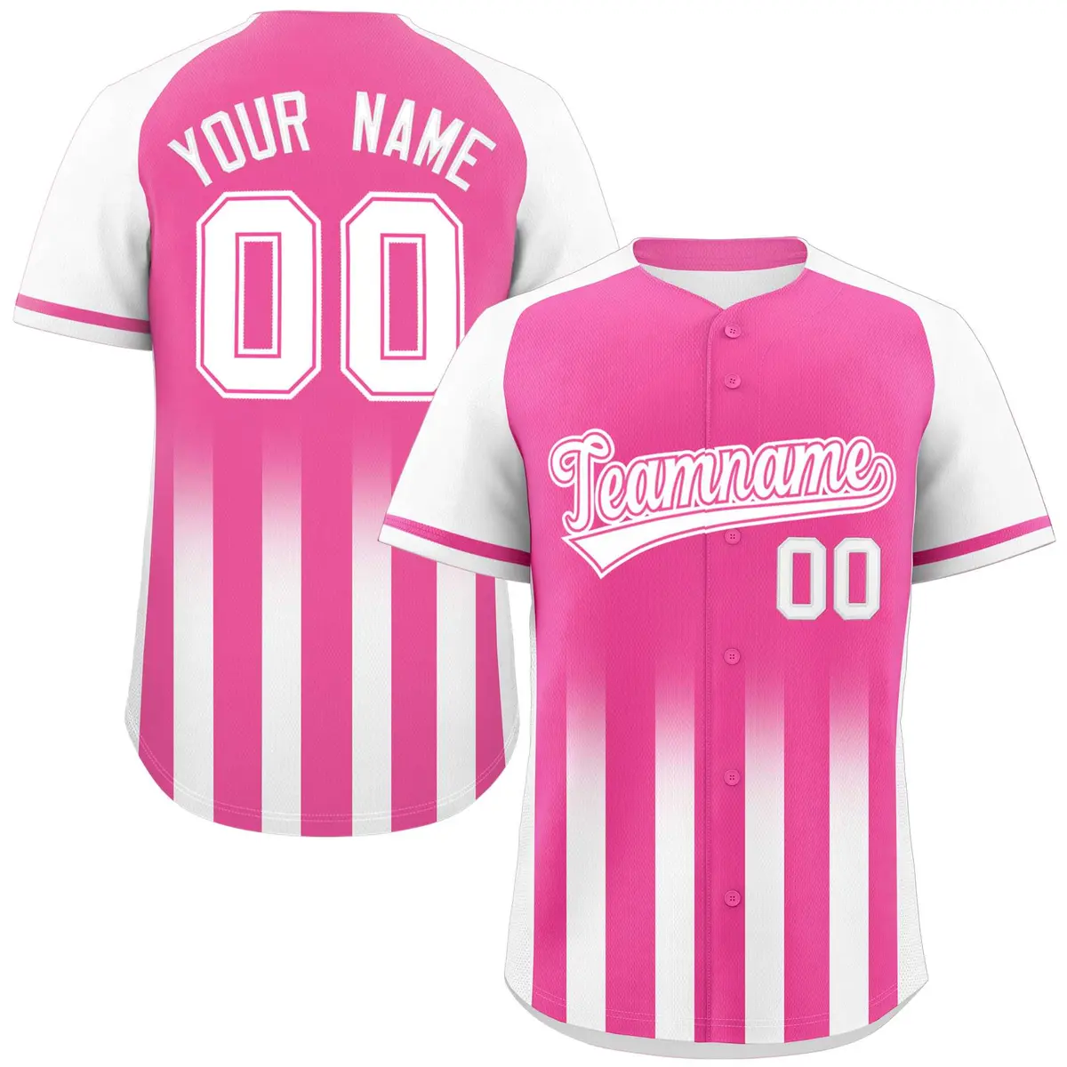 Pink White Raglan Gradient Thick Stripe Baseball Jersey