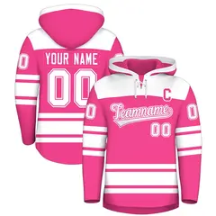 Pink White Raglan Lace-Up Neck Hockey Hoodie Jersey
