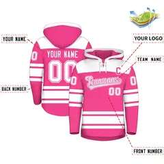 Pink White Raglan Lace-Up Neck Hockey Hoodie Jersey 2