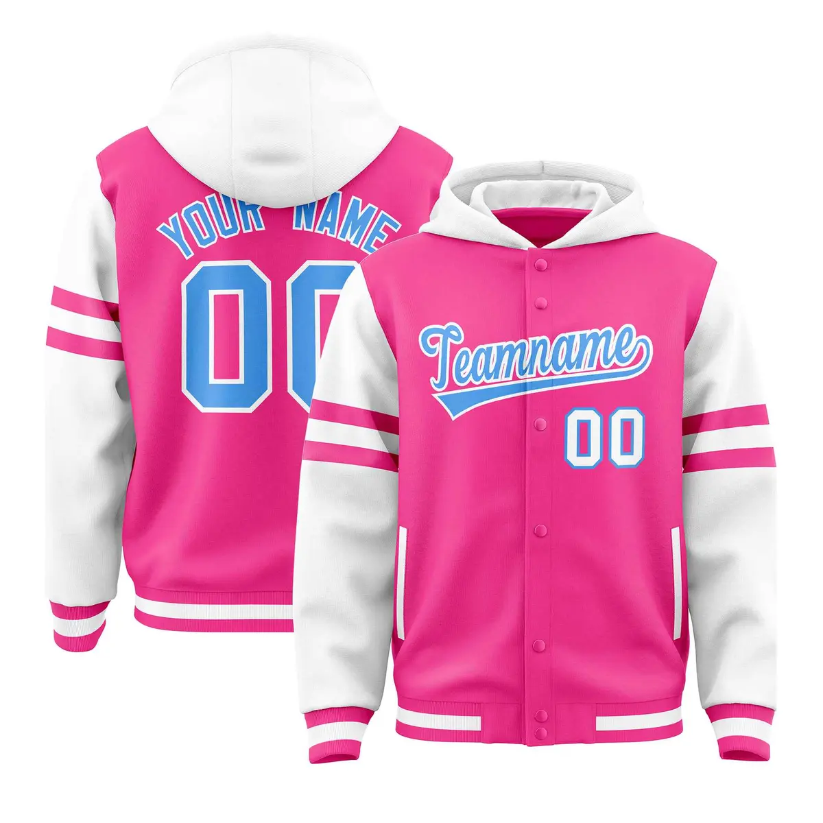 Pink White Raglan Three Stripes Varsity Letterman Jacket Hoodie
