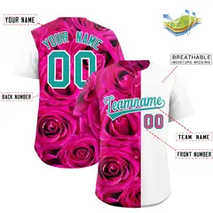 Pink White Rose Print Split Baseball Jersey 2
