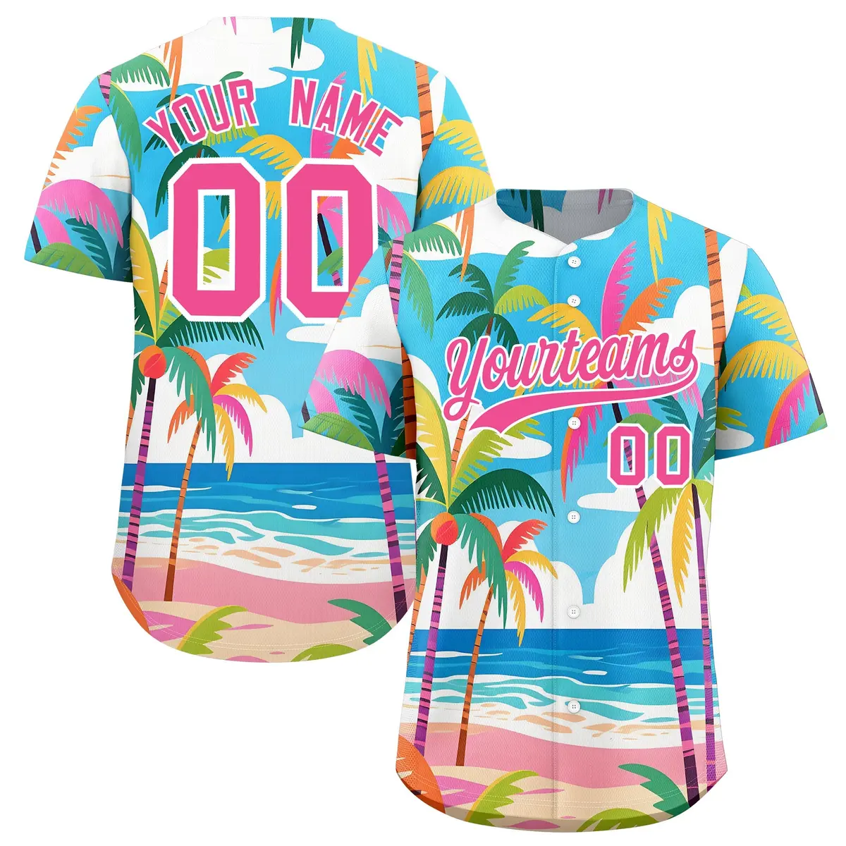 Pink White Seaside Hawaiian Graffiti Palm Tree Baseball Jersey