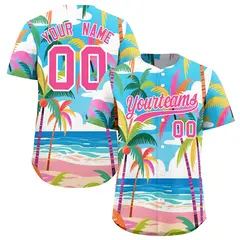 Pink White Seaside Hawaiian Graffiti Palm Tree Baseball Jersey