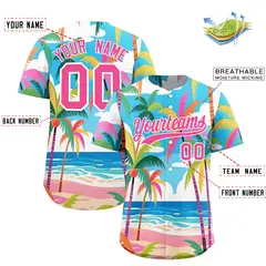 Pink White Seaside Hawaiian Graffiti Palm Tree Baseball Jersey 2