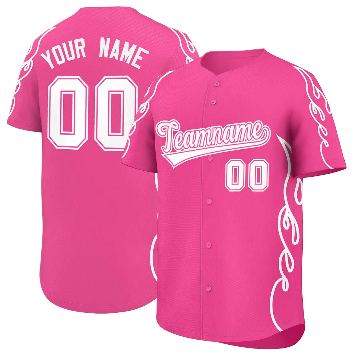 Pink White Side Flame Outline Baseball Jersey