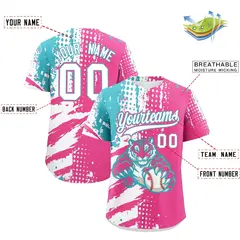Pink White Sky Blue Full-Snap Tiger Graffiti Baseball Jersey 2