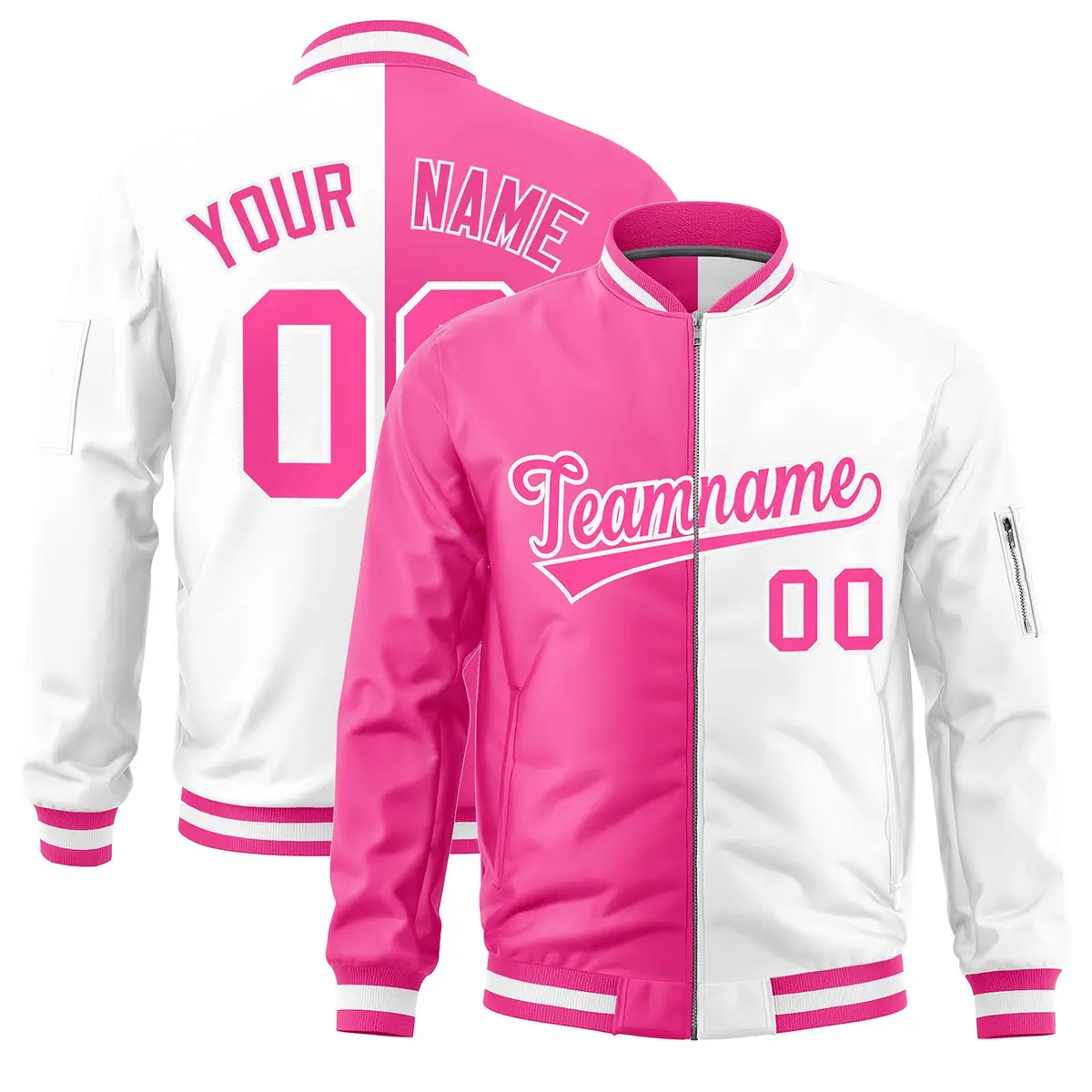 Pink White Split Two Tone Varsity Letterman Bomber Jacket