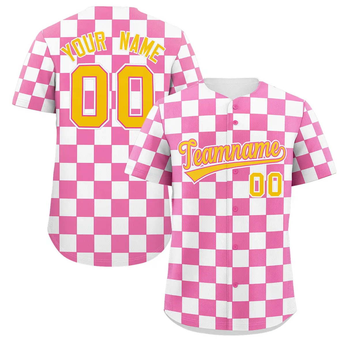 Pink White Square Grid Color Block Baseball Jersey