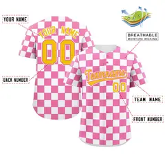 Pink White Square Grid Color Block Baseball Jersey 2