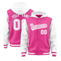 Pink White Two Tone Full-Snap Raglan Varsity Letterman Jacket Hoodie