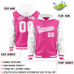 Pink White Two Tone Full-Snap Raglan Varsity Letterman Jacket Hoodie 4