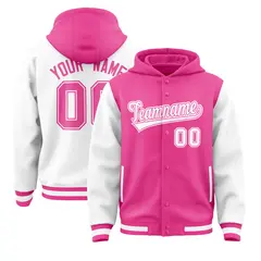 Pink White Two Tone Full-Snap Raglan Varsity Letterman Jacket Hoodie