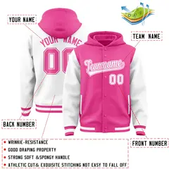 Pink White Two Tone Full-Snap Raglan Varsity Letterman Jacket Hoodie 4