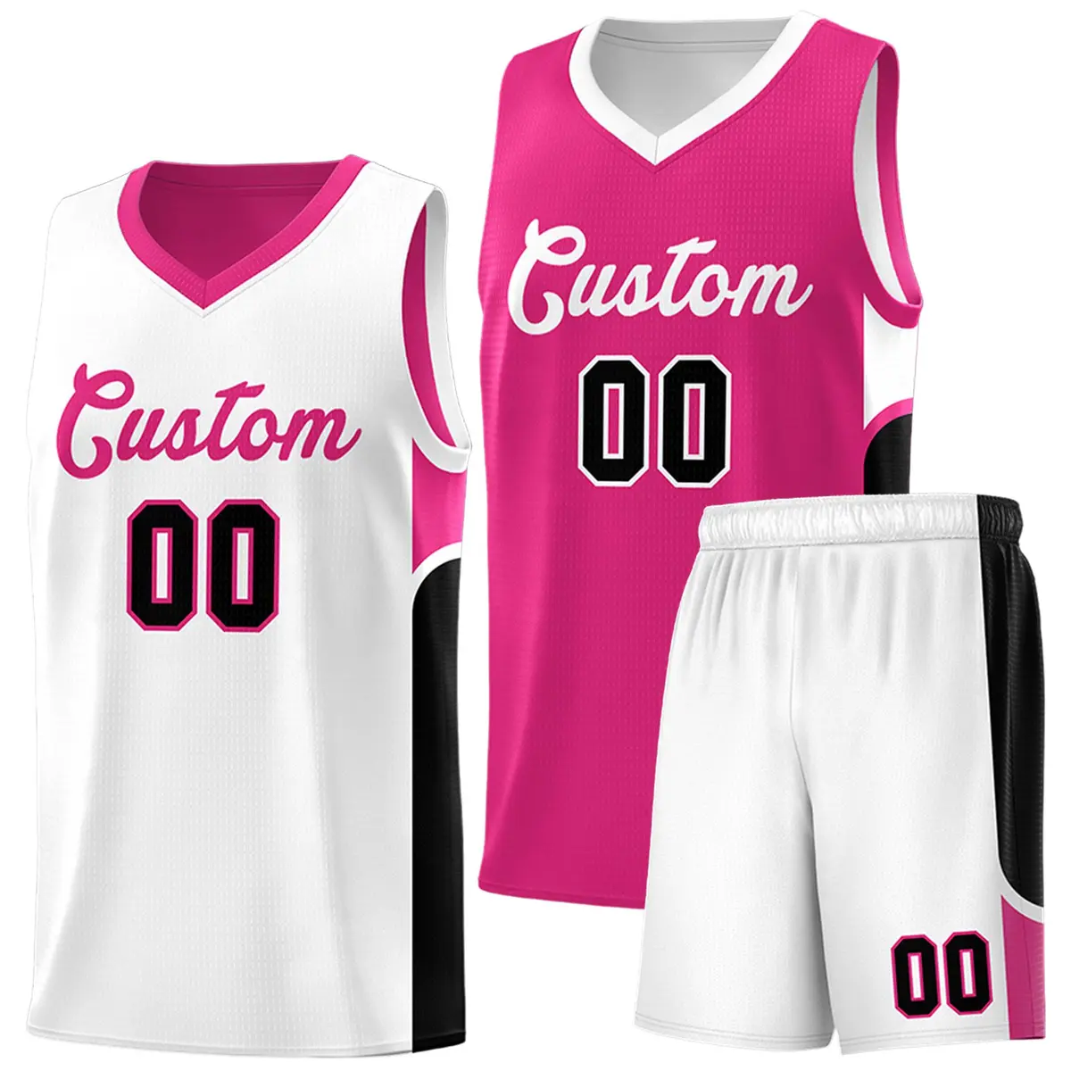 Pink White U-shaped Side Pattern Double Side Basketball Jersey