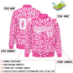 Pink White Varsity Full-Snap Leopard Graffiti Letterman Baseball Jacket 2