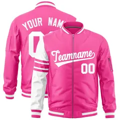 Pink White Varsity Full-Zip Raglan Stripe Letterman Bomber Jacket 1