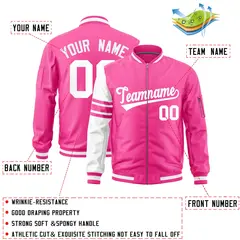 Pink White Varsity Full-Zip Raglan Stripe Letterman Bomber Jacket 2
