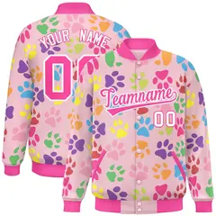 Pink White Varsity Paw Prints Graffiti Letterman Jacket
