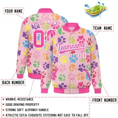 Pink White Varsity Paw Prints Graffiti Letterman Jacket 2