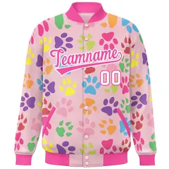 Pink White Varsity Paw Prints Graffiti Letterman Jacket 3