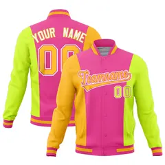 Pink Yellow Fluorescent Green Three-Color Block Varsity Letterman Jacket