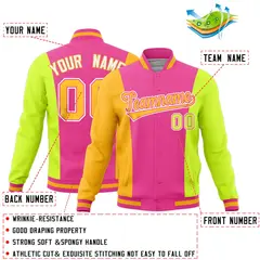 Pink Yellow Fluorescent Green Three-Color Block Varsity Letterman Jacket 2