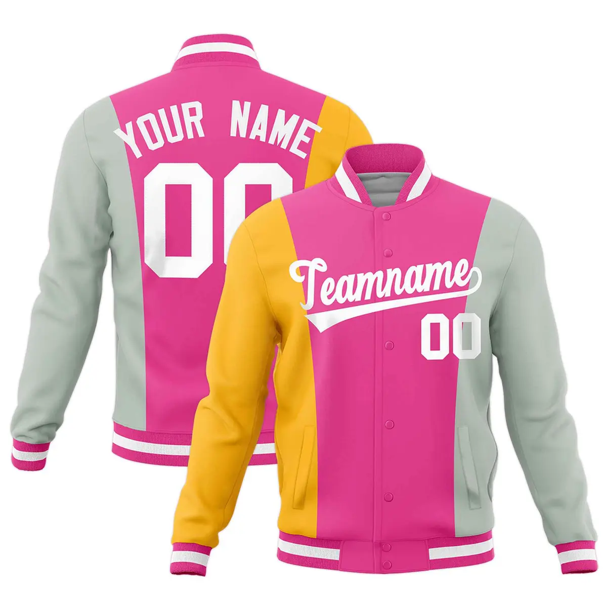 Pink Yellow Gray Three Color Block Varsity Letterman Jacket