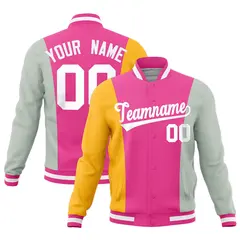 Pink Yellow Gray Three Color Block Varsity Letterman Jacket