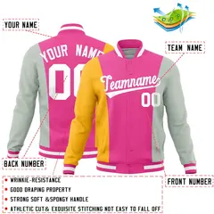 Pink Yellow Gray Three Color Block Varsity Letterman Jacket 2
