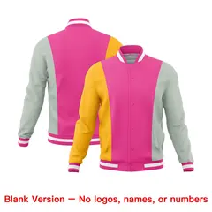 Pink Yellow Gray Three Color Block Varsity Letterman Jacket 7