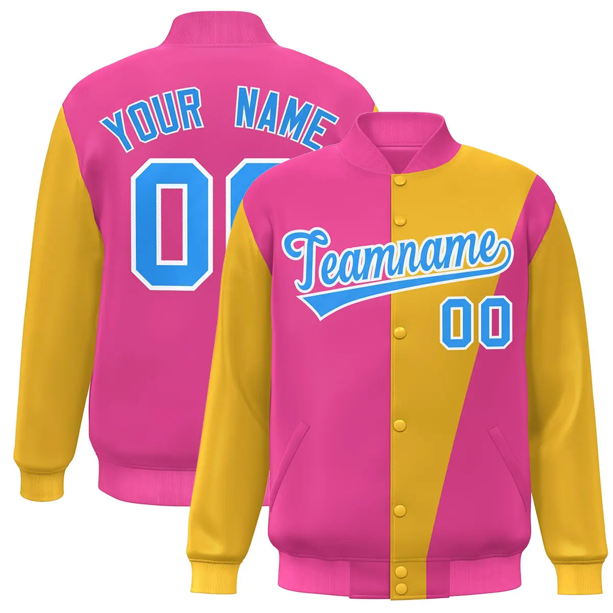 Pink Yellow-Powder Blue Color Block Varsity Full-Snap Bomber Jacket