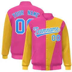 Pink Yellow-Powder Blue Color Block Varsity Full-Snap Bomber Jacket