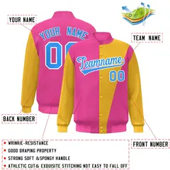 Pink Yellow-Powder Blue Color Block Varsity Full-Snap Bomber Jacket 2