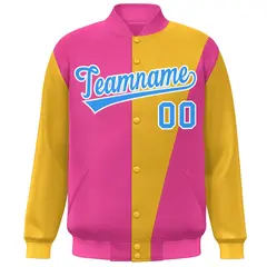 Pink Yellow-Powder Blue Color Block Varsity Full-Snap Bomber Jacket 3