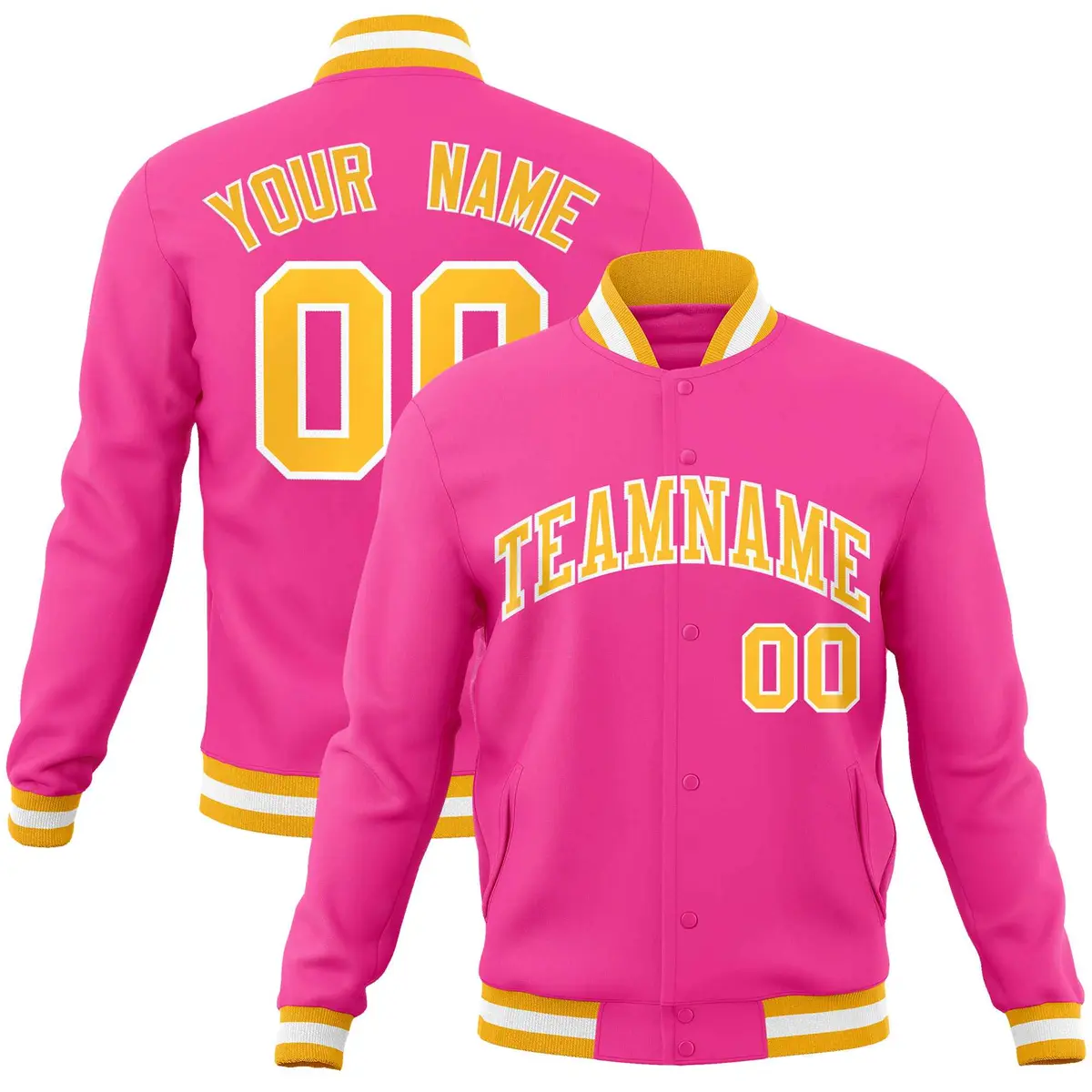 Pink Yellow-White Classic Varsity Full-Snap Letterman Jacket