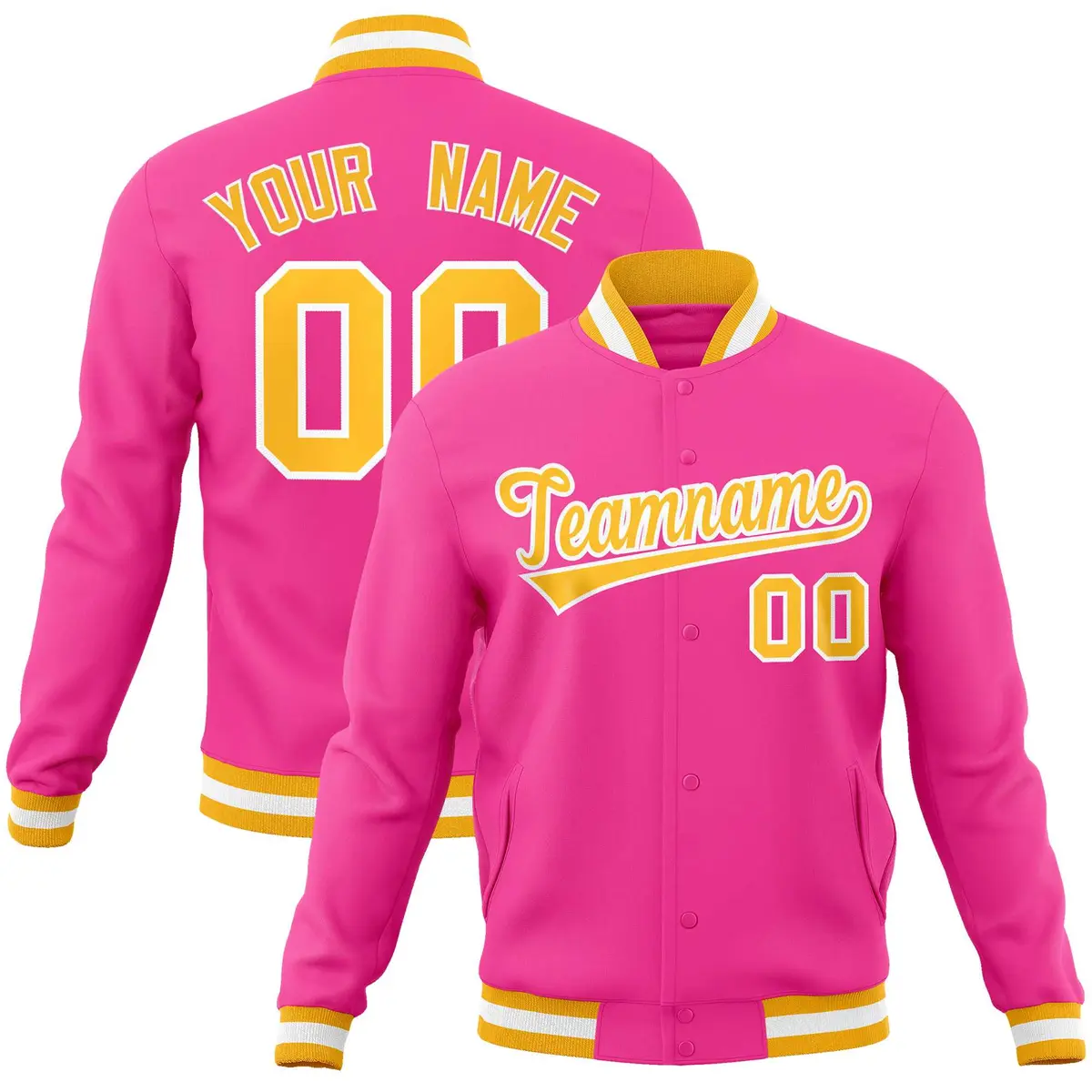 Pink Yellow-White Classic Varsity Full-Snap Letterman Jacket