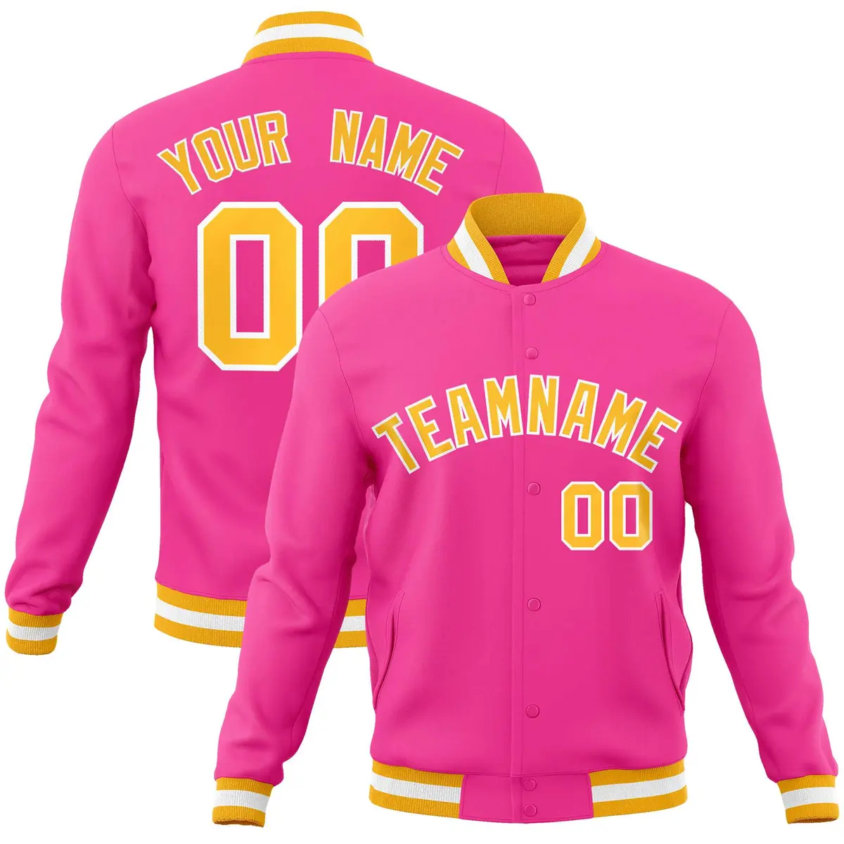 Pink Yellow-White Classic Varsity Full-Snap Letterman Jacket
