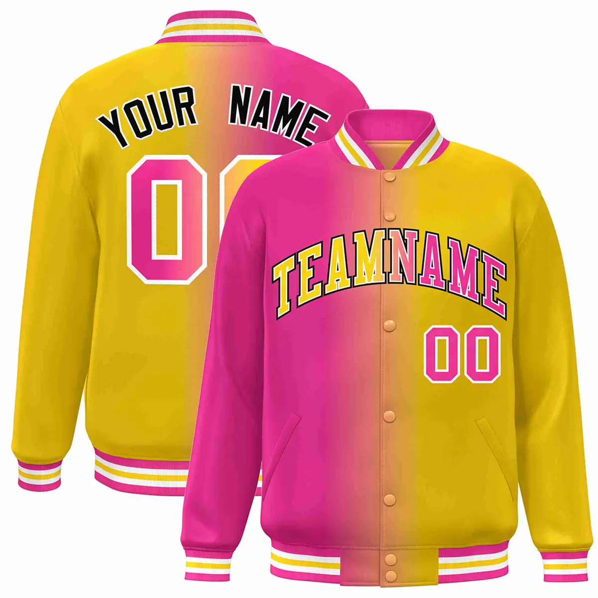 Pink Yellow-White Gradient Varsity Letterman Bomber Jacket