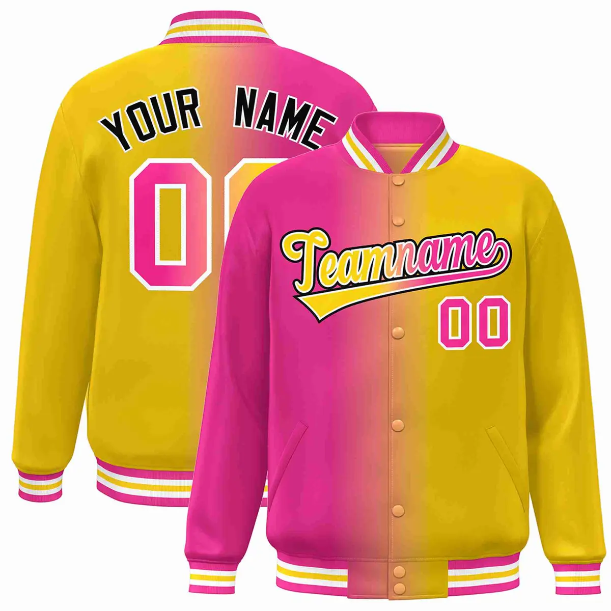 Pink Yellow-White Gradient Varsity Letterman Bomber Jacket