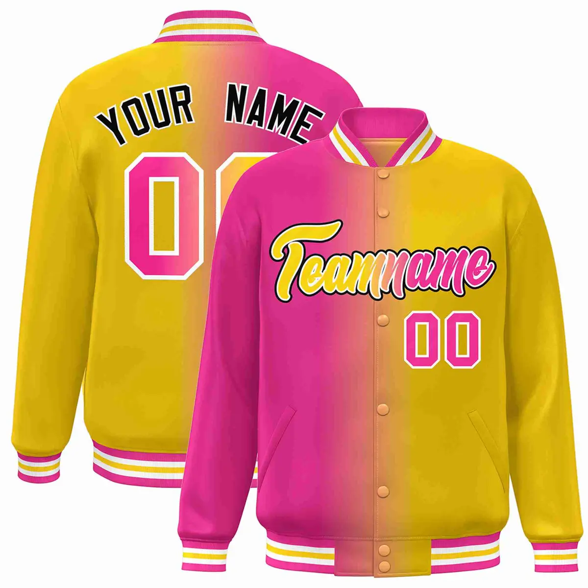 Pink Yellow-White Gradient Varsity Letterman Bomber Jacket