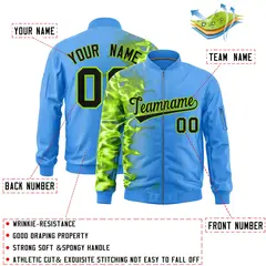 Powder Blue 3D Flame Full-Zip Varsity Letterman Bomber Jacket 2